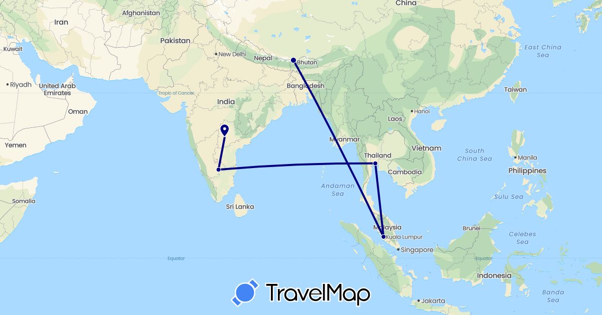 TravelMap itinerary: driving in India, Malaysia, Thailand (Asia)